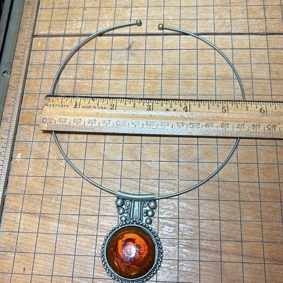 Rustic Artisan Medallion Collar Necklace 5.5”D Amber Glass Silver FlexibleTorque - Picture 5 of 12
